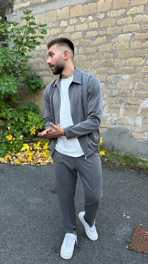 Grey pinstripe suit